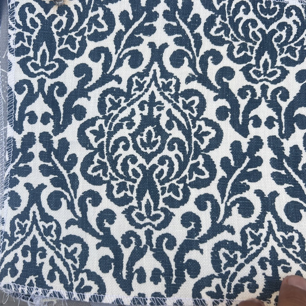 Damask 100 % Linen upholstery Fabric White/Blue by Chris Stone by The Yard 54”