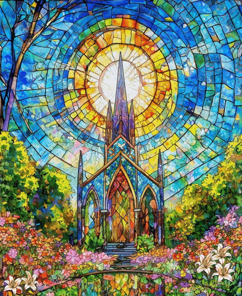 Faith in Full Color Stained Glass Church Panel 36″ Cotton Fabric