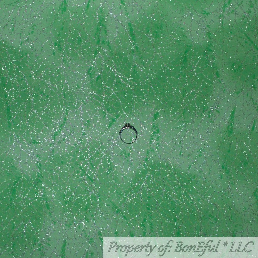 BonEful FABRIC FQ Cotton Quilt VTG Green Tone Silver Glitter Metallic Grass Tree
