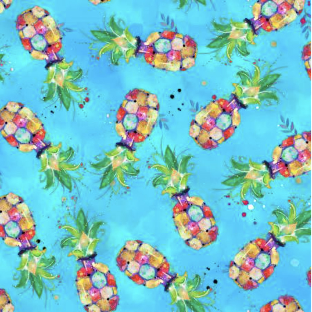 3 Wishes 17321 Party Animals Animal Pineapples Turquoise Cotton By The Yard