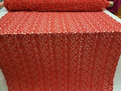 Red Beaded Lace Embroidery Fabric By The Yard Geometric Pattern Luxury Lace
