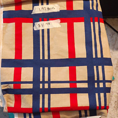 Beige Blue Red Check Plaid Fabric Yardage, 1.97 yds Quilting Sewing Crafting