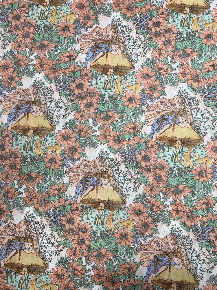 Vtg Fairies & Mushrooms 70s Groovy Fabric Manes Fabric Co 44” X 108”