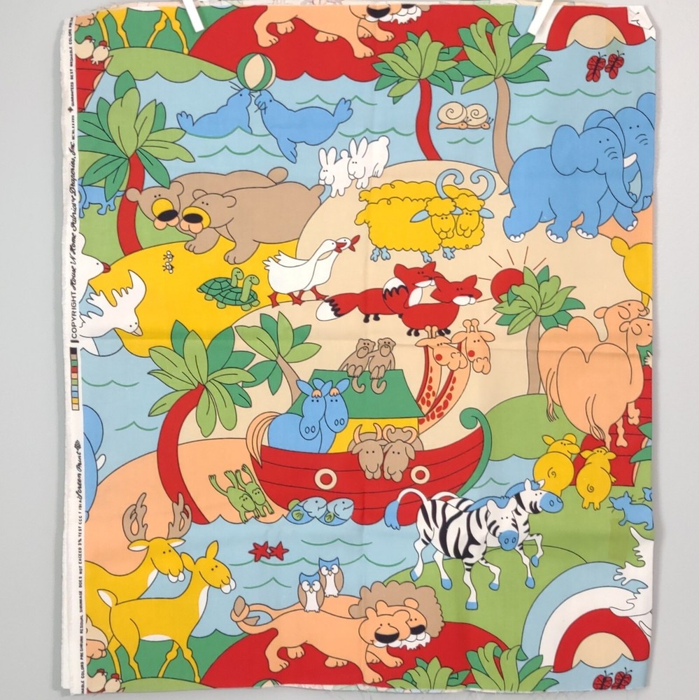 2/3 yd Vtg 1987 House ‘N Home Fabrics Noah’s Ark Animals Cotton Duck Canvas