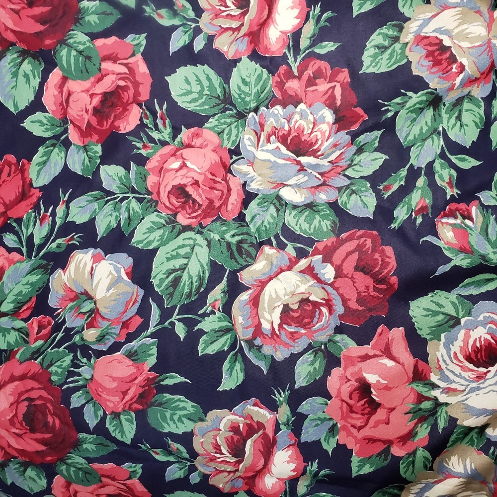 Vtg Cranston Print Works Cotton Roses Large Floral Red Blue White