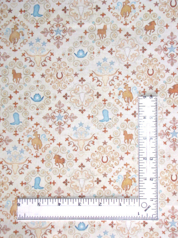 Cowboy Western Fabric By The Yard Bandana Horse Steer Running Wild Cotton by QT