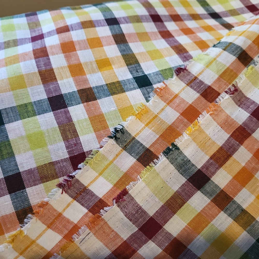 Linen Fabric; cheery bright check pattern, multi-color; 57″ wide; many uses!