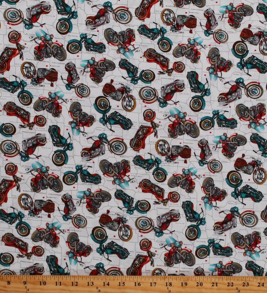 Cotton Motorcycle Transportation Travel Country Fabric Print by the Yard D685.50
