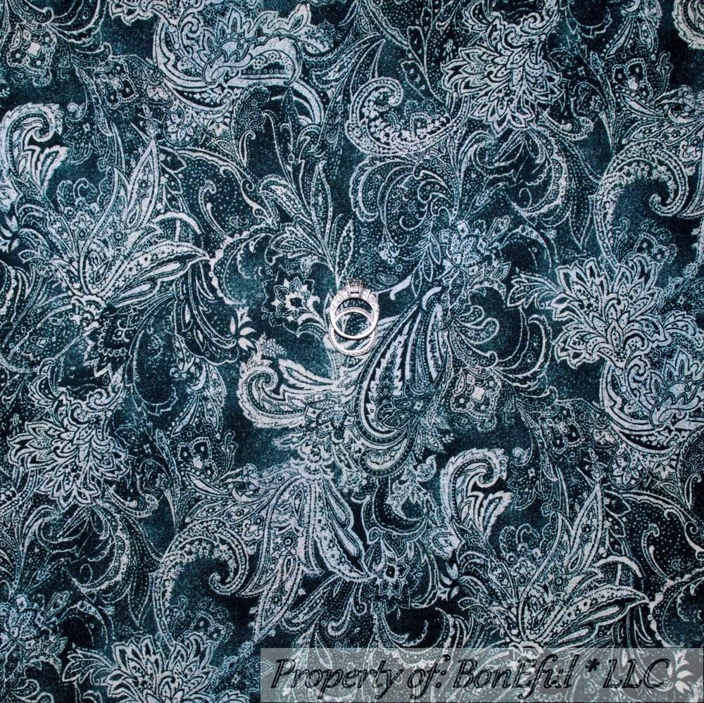 BonEful FABRIC FQ Cotton Quilt Navy Blue Dark White Flower Paisley Calico BOHO S