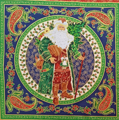 Santa w/Walking Stick,Toys,Tree”~Gold Accent Outline~Cotton Fabric~ 13.5″x13.75″