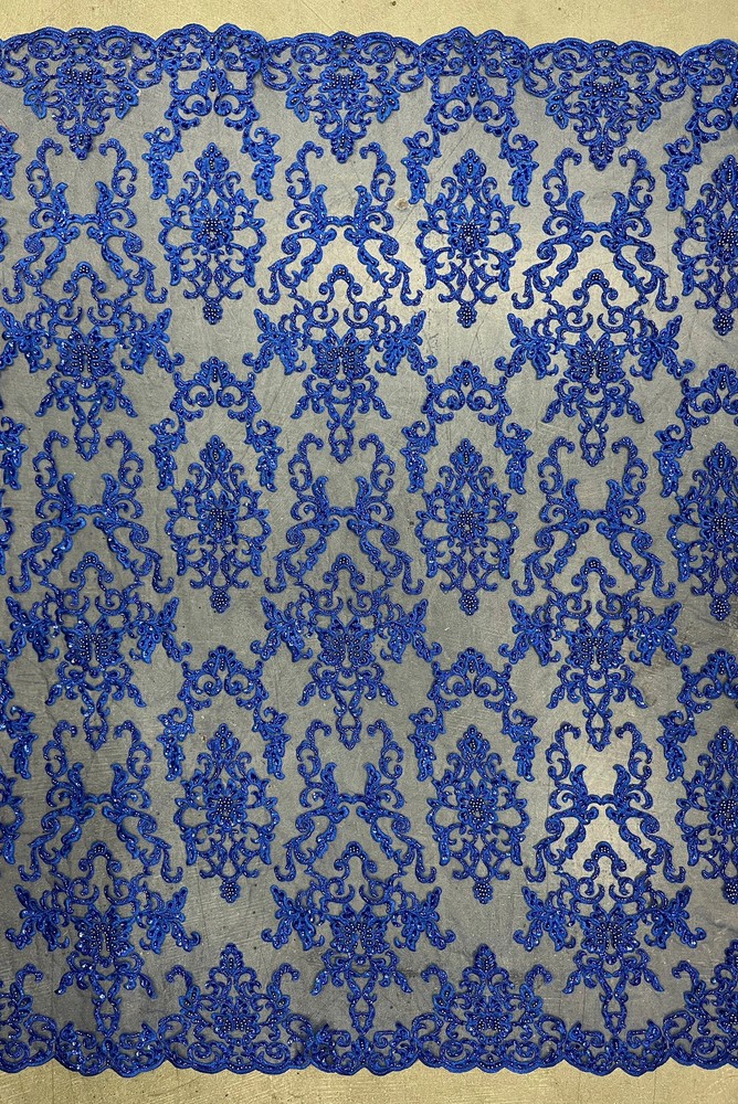 Helena-B ROYAL BLUE Embroidered Damask Pattern with Faux Pearls and Beads on Me