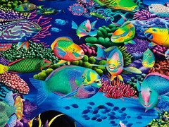 Fabric Fish Coral Canyon Ocean on Aqua Cotton KAUFMAN 1/4 Yd AQCD-199 0350