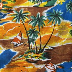 Vtg Hawaiian Tropical Novelty Fabric Palm Boats Island Tiki Cotton Vibrant 4+ YD