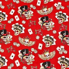 Poker Cards Rose Skull Packed Novelty Sewing Quilting Cotton Fabric 1/2 Yard