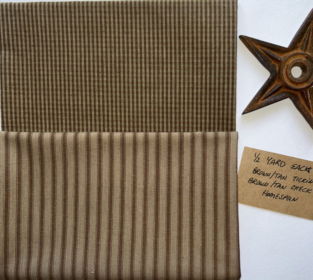 1/2 YARD EACH Brown/Tan Ticking and Brown/Tan Check Homespun Fabric 100% Cotton