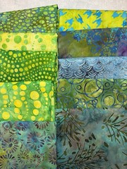 lot of 10 Batik cotton fabric scraps fat eighths blue green lemon lime 9″ x 21″