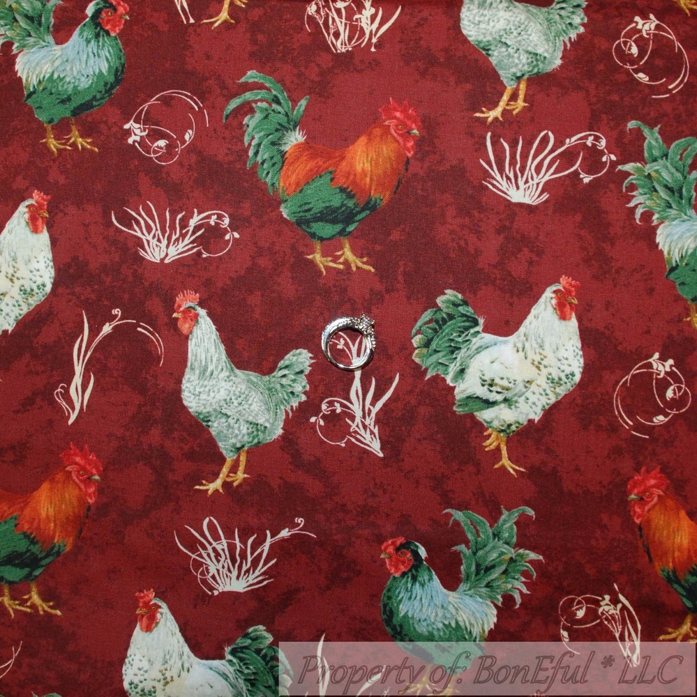 BonEful Fabric FQ Cotton Quilt Red Rooster White Green Chicken Coop Farm Feather