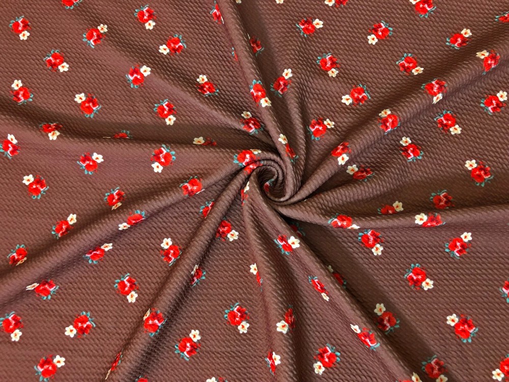 Bullet Knit Printed Fabric-Tobacco Brown Red Roses-BPR265-Sold by the Yard