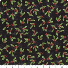 Christmas Touch of Splendor Holly on Black 100% Cotton Price per Yard
