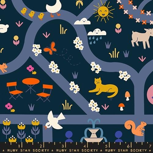 Fat Quarter Ruby Star Society “Woodland Park” Garden Park Map Teal Navy Blue