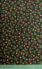 HOBBY LOBBY – HOLLY & STARS WITH RED PIN DOTS ON BLACK COTTON– 1 7/8 YARDS