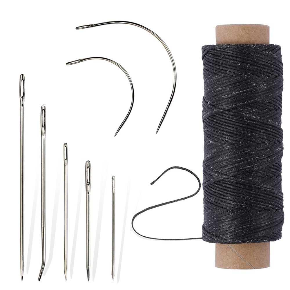55Yards Waxed Thread with 7 Pcs Leather Needles for Hand Sewing 150D Black