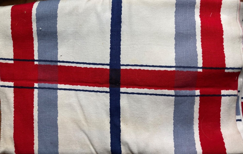 Vintage Fabric: White Red Gray/Blue Black Midweight Cotton Duck Plaid 17″ x167″