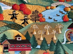 By 1/2 Yd VTG Harvest Village Farm Fall Scene Fabric by Joan Kessler ~ Concord