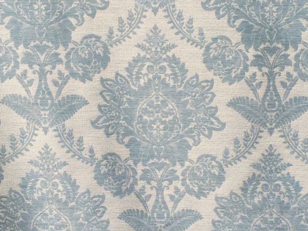 Ivory & Teal Blue Damask Curtain Fabric By The Yard Upholstery Fabric Drapery
