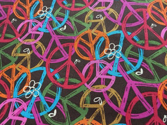 Groovy Peace Symbols Fabric; Brown with Orange, Pink, Green, Red, Yellow. BTHY