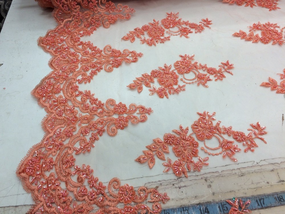 Elegant Coral Hand Beaded Mesh Lace.Wedding/Bridal Fabric.36x50inches.by yard.