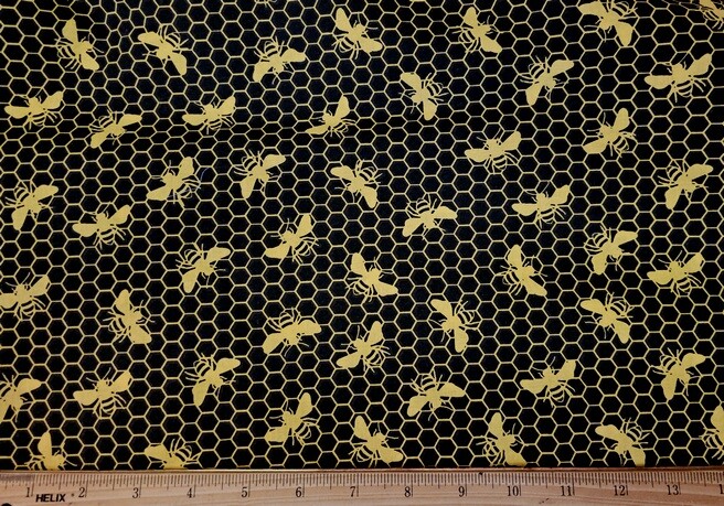 UNBRANDED Fabric – Bees & Honeycomb on Black – by the HALF Yard