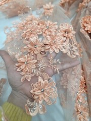 Peach Floral 3D Beaded French Embroidered Handmade Mesh 3D Lace Fabric By Yard