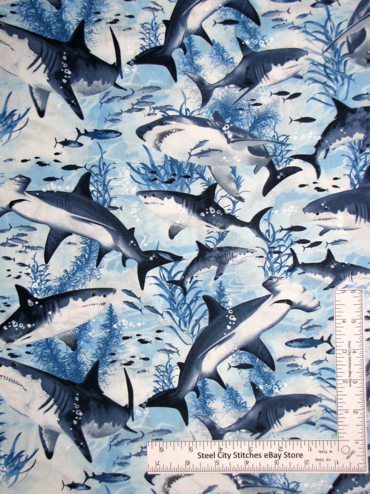 Shark Fish Fabric Half-Yard Nautical Ocean Blue Cotton Timeless Treasures C7980
