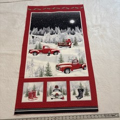 Christmas Red & White Truck Fabric 3 Panels For Quilting Read
