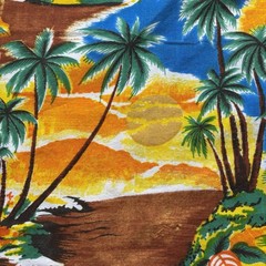 Vtg Hawaiian Tropical Novelty Fabric Palm Boats Island Tiki Cotton Vibrant 4+ YD