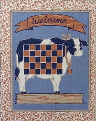 Vtg~Wamsutta~”Welcome ~ Holstein Cow, Checkerboard”~Cotton Fabric Panel~ 8″x10″
