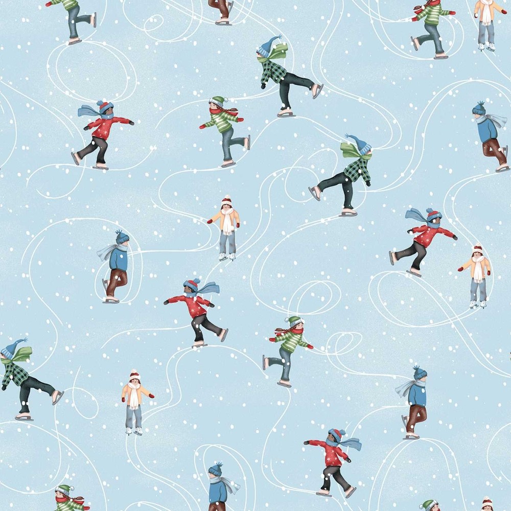 Christmas Village Fabric | Ice Skater Skating on Blue | Studio E YARD