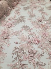 Fabric Sold By The Yard Blush Beaded Lace Floral Flowers Embroidery Scalloped