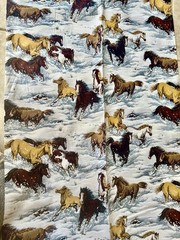 Horses In The Snow, Snowy Canyon. Grey. Brown. Tan.White Cotton Fabric Per Yard