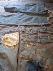 Scraps Of Blue Jeans 6 Back Pockets 4 Front Pockets 3 Zippers 6 Legs