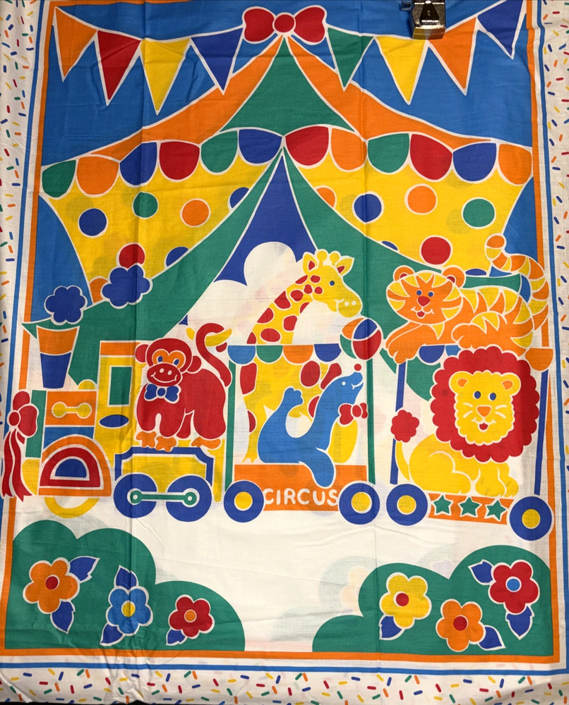 Vtg Circus Themed Fabric 3 Panels Quilt Blanket Sewing Wall Hanging Cotton Blend