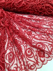 Red Beaded Lace Embroidery Fabric By The Damask Pattern Luxury Lace Victorian