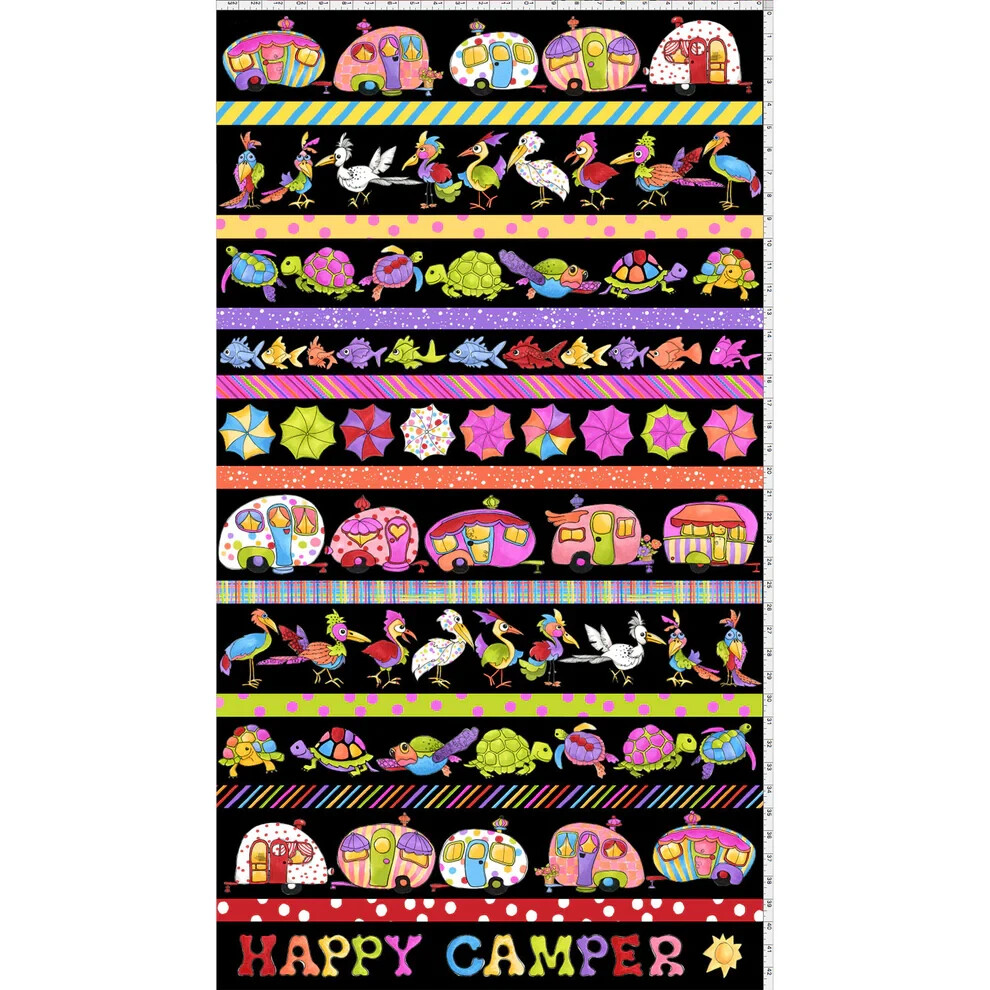 23″ X 44″ Panel Camping Happy Campers Travel Borders Black Fabric Panel D413.37