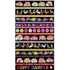 23″ X 44″ Panel Camping Happy Campers Travel Borders Black Fabric Panel D413.37