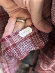 Unlabeled fabric bolt – maroon white blue plaid – 100% wool – 5 ft x 8 ft