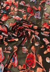 Italian designer Chiffon Velvet Burnout black base with red blue peach shades