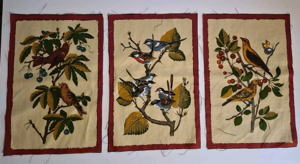 3 Fabric Panels Birds Botanical 13.25×9 Inch