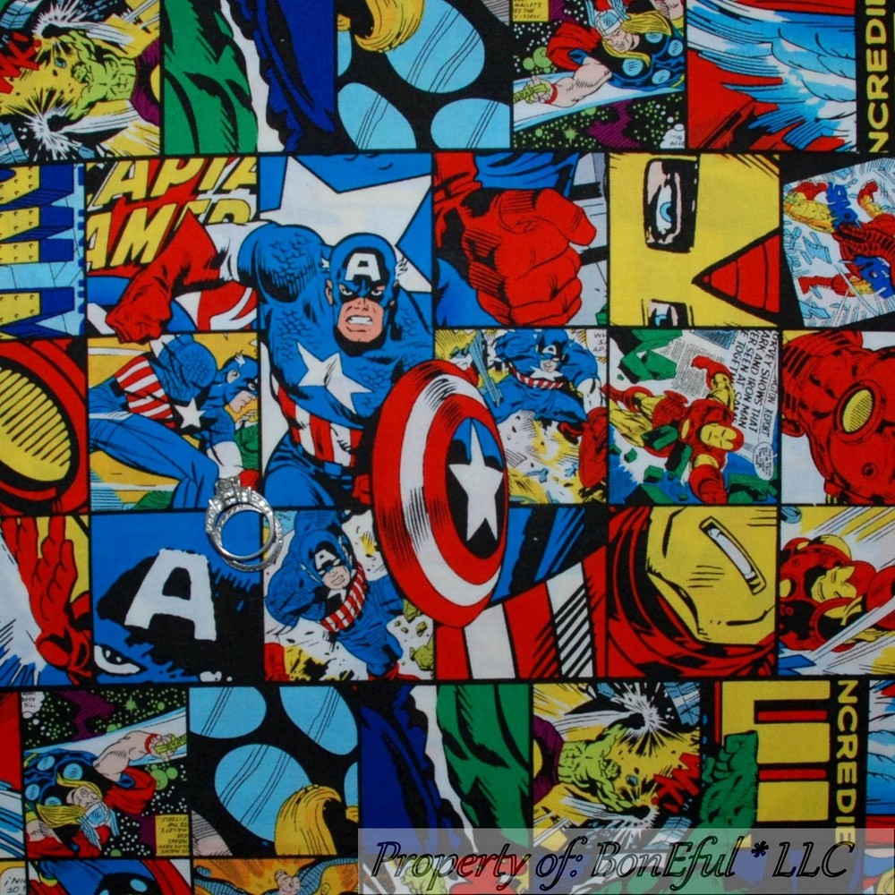BonEful Fabric FQ Cotton Quilt Block Super Hero Captain America Comic Avengers L