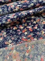 Vintage Japanese kimono silk fabric Chirimen/ navy blue, fans OT14